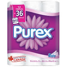 Purex 2 Ply Bathroom Tissue Triple Rolls 12=36