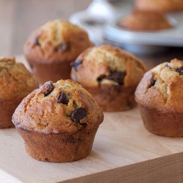 Banana Chocolate Chip Muffins 6/pk - Allergens: gluten, egg, dairy.
